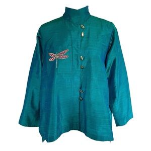 Raw Silk Women's Jacket Wearable Art Embroidered Dragonfly Pocket
